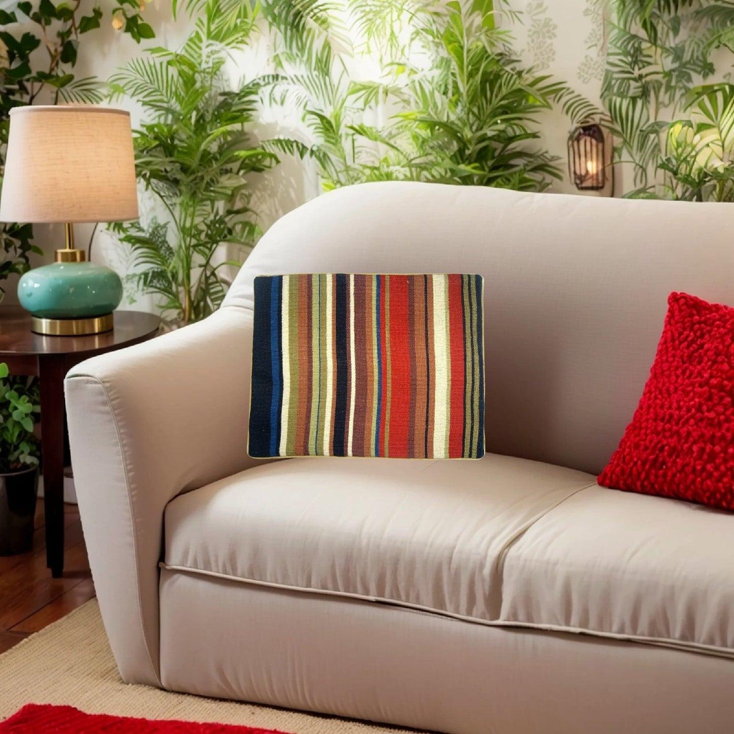 Handmade Wool Needlepoint Pillow Cover - Decorative Throw Cushion Cover - Vintage Floral Embroidery Design autumn rain in red, brown, blue, olive, ivory