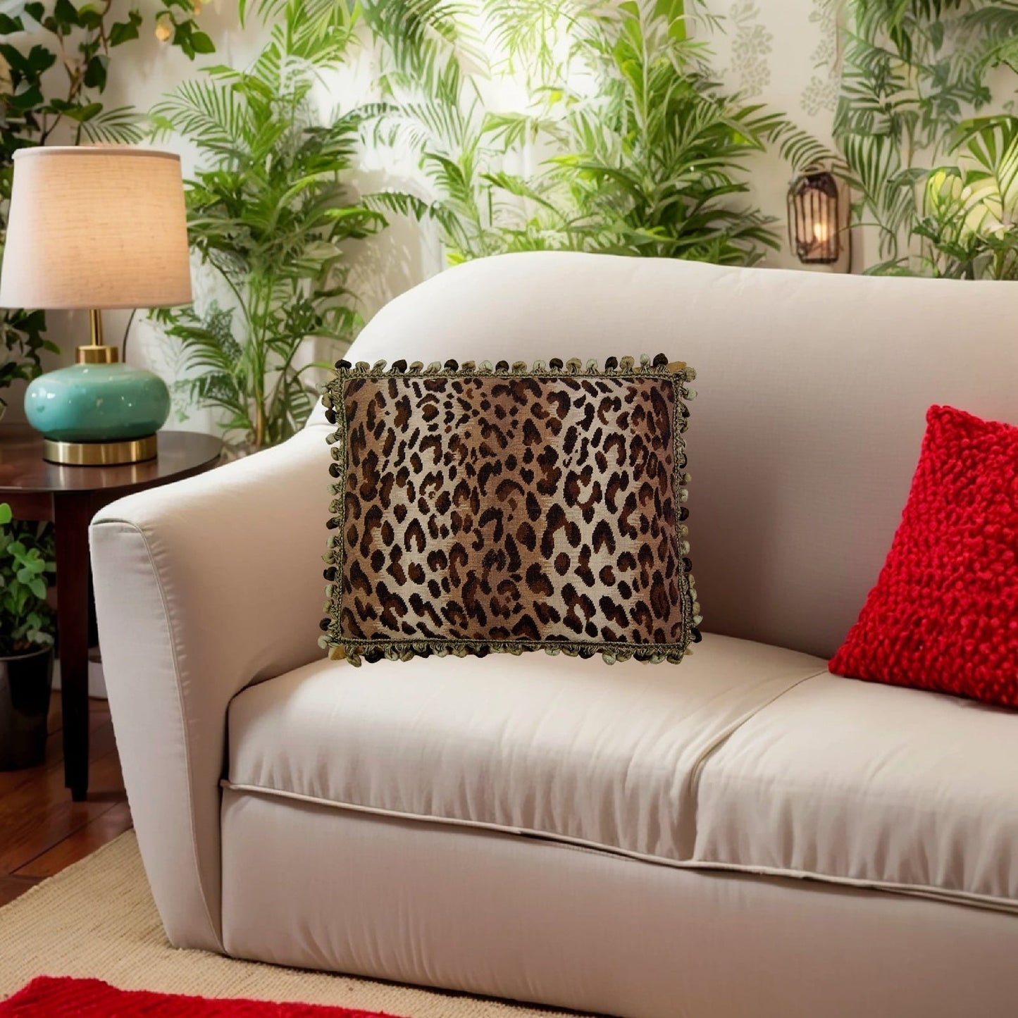 Handmade Wool Needlepoint Pillow Cover - Decorative Throw Cushion Cover - Vintage Floral Embroidery Design  leopard animal print with 3 color tassel