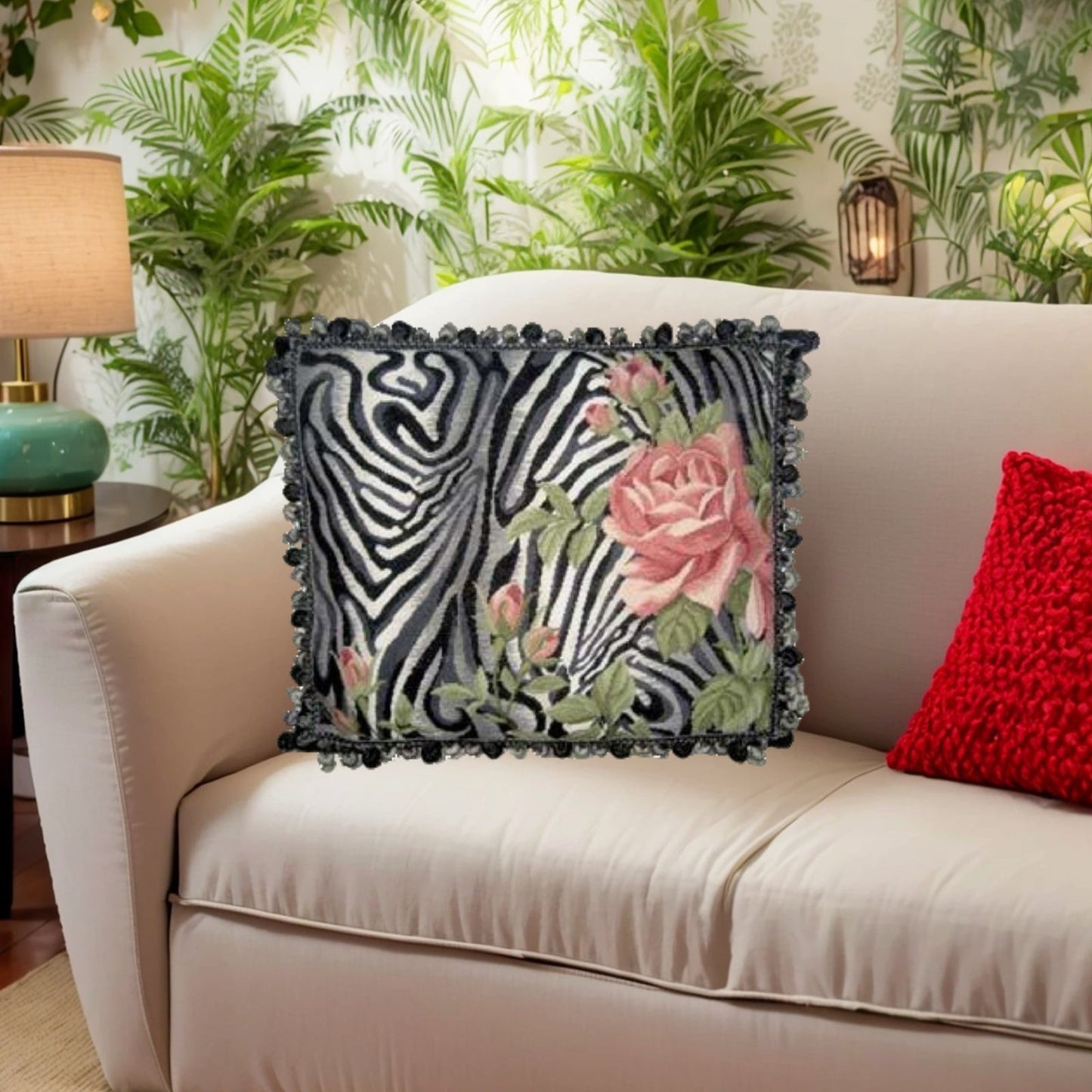 Handmade Wool Needlepoint Pillow Cover - Decorative Throw Cushion Cover - Vintage Floral Embroidery Design B/W zabera print pink rose with 3 color tassel