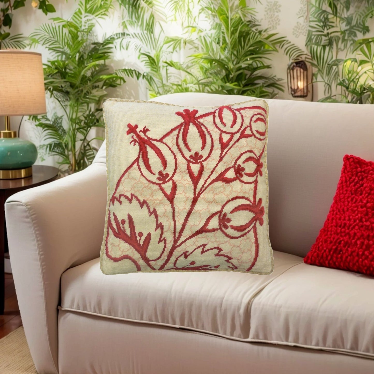 Handmade Wool Needlepoint Pillow Cover - Decorative Throw Cushion Cover - Vintage Floral Embroidery Design red big leaves/flowers checker cording