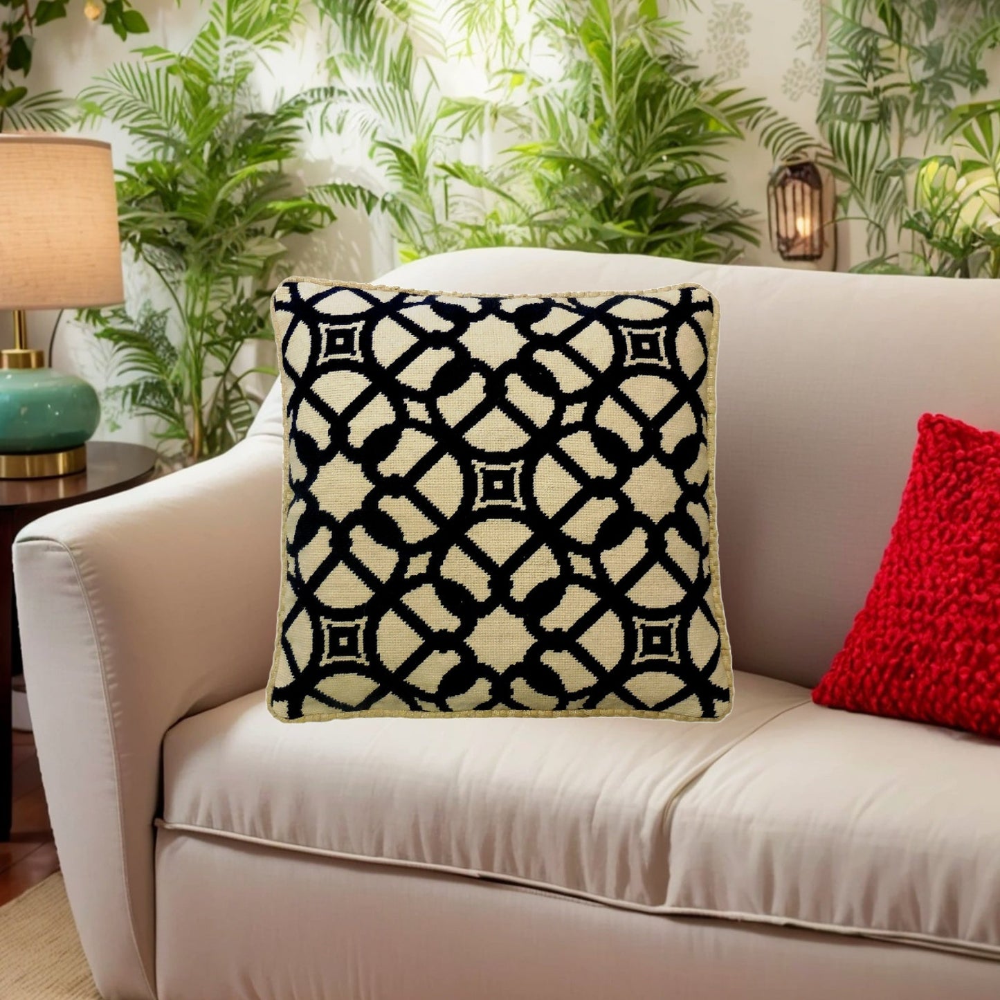 Handmade Wool Needlepoint Pillow Cover - Decorative Throw Cushion Cover - Vintage Floral Embroidery Design color black window designs checker cording