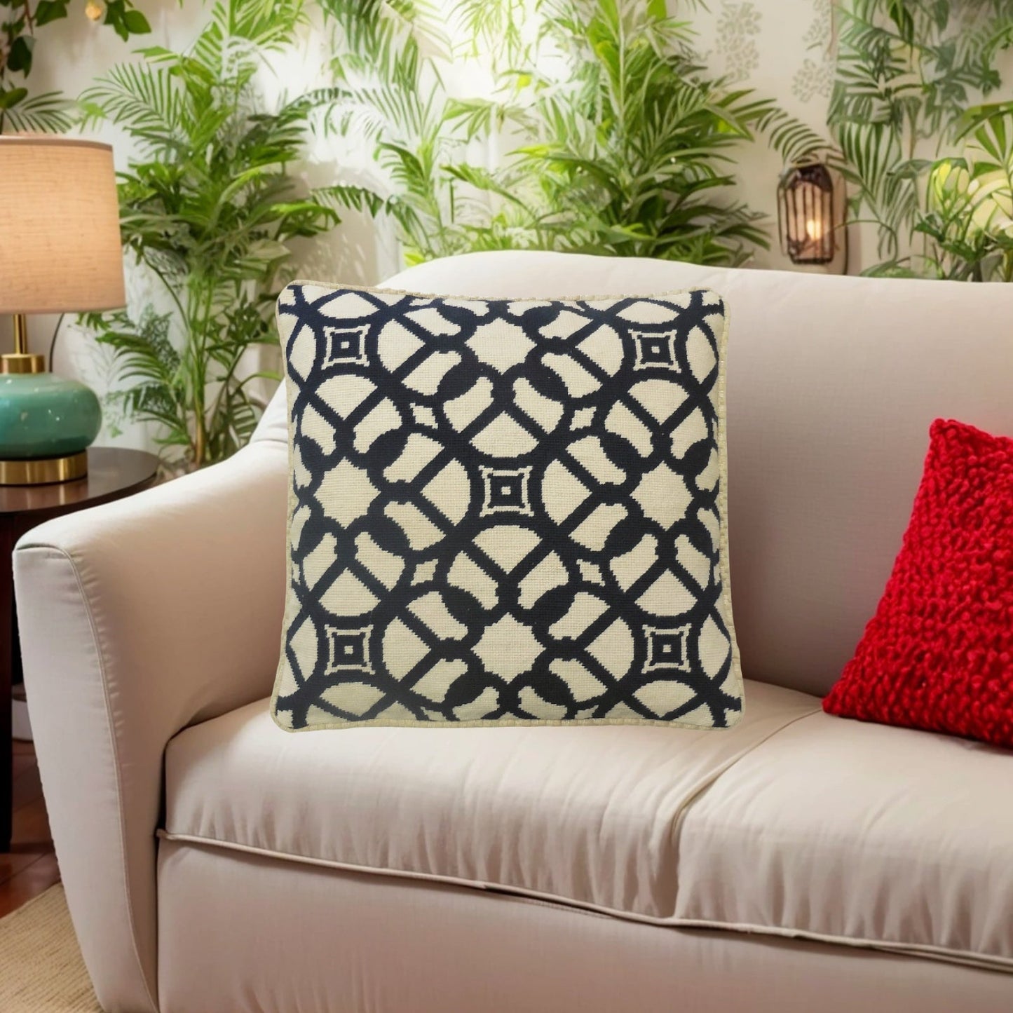 Handmade Wool Needlepoint Pillow Cover - Decorative Throw Cushion Cover - Vintage Floral Embroidery Design navy blue window designs checker cording