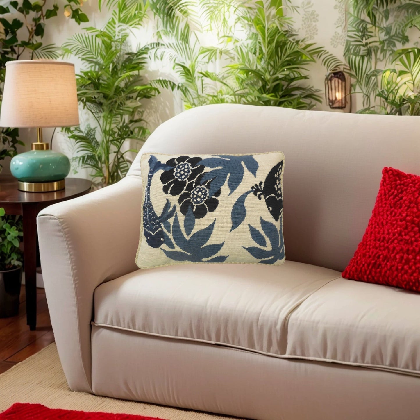 Handmade Wool Needlepoint Pillow Cover - Decorative Throw Cushion Cover - Vintage Floral Embroidery Design blue Koi ship checker cording