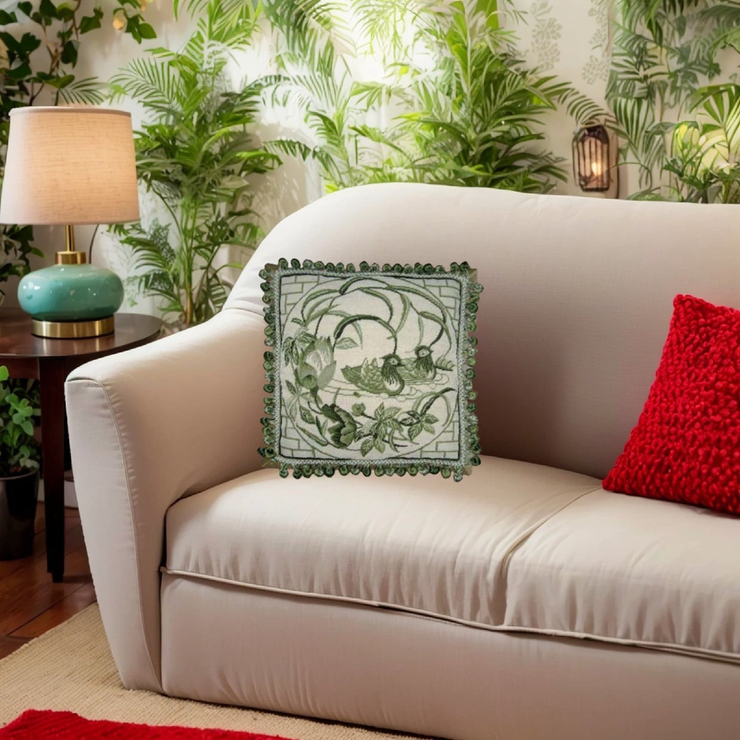 Handmade Wool Needlepoint Pillow Cover - Decorative Throw Cushion Cover - Vintage Floral Embroidery Design  green Manderain Ducks lotus flower with tassels