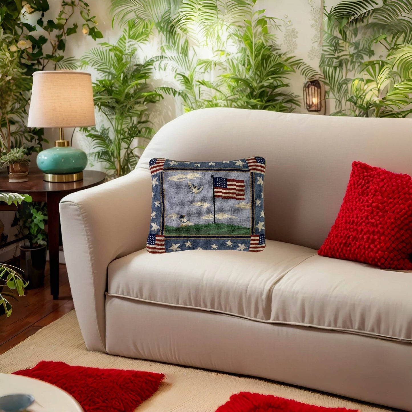 Handmade Wool Needlepoint Pillow Cover - Decorative Throw Cushion Cover - Vintage Floral Embroidery Design center flag & 4 flags on 4 corners