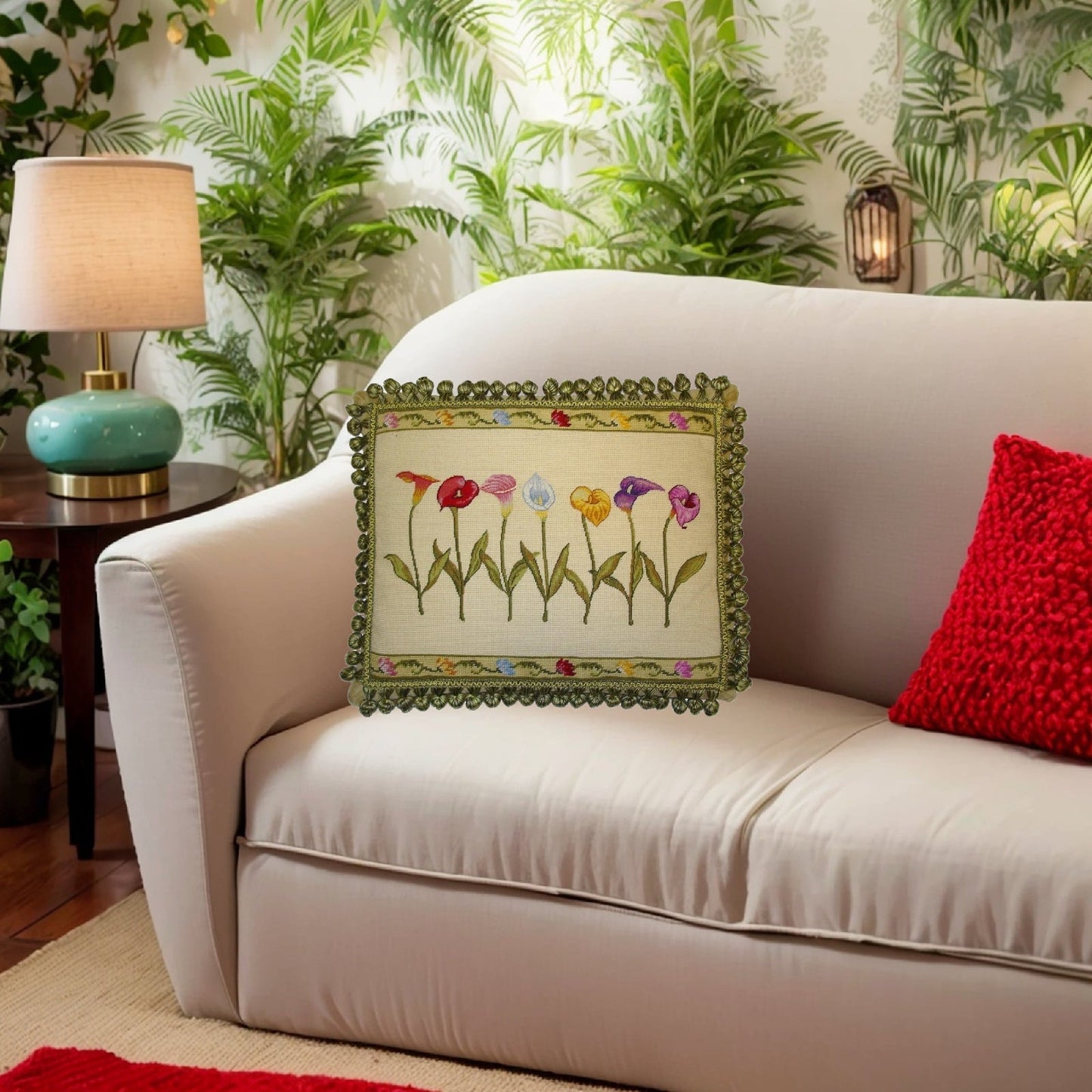 Handmade Wool Needlepoint Pillow Cover - Decorative Throw Cushion Cover - Vintage Floral Embroidery Design  with 2 color tassel I