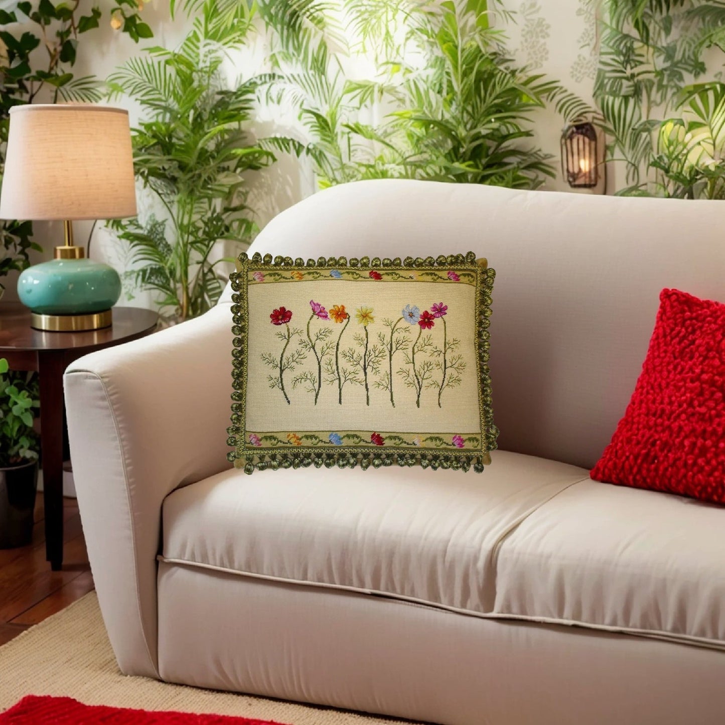 Handmade Wool Needlepoint Pillow Cover - Decorative Throw Cushion Cover - Vintage Floral Embroidery Design  with 2 color tassel II