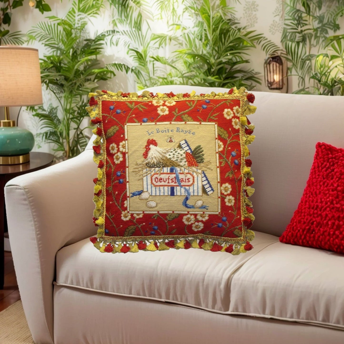 Handmade Wool Needlepoint Pillow Cover - Decorative Throw Cushion Cover - Vintage Floral Embroidery Design Sudi McCollums designLe Boite Rayee with  bee and 3 color tassel