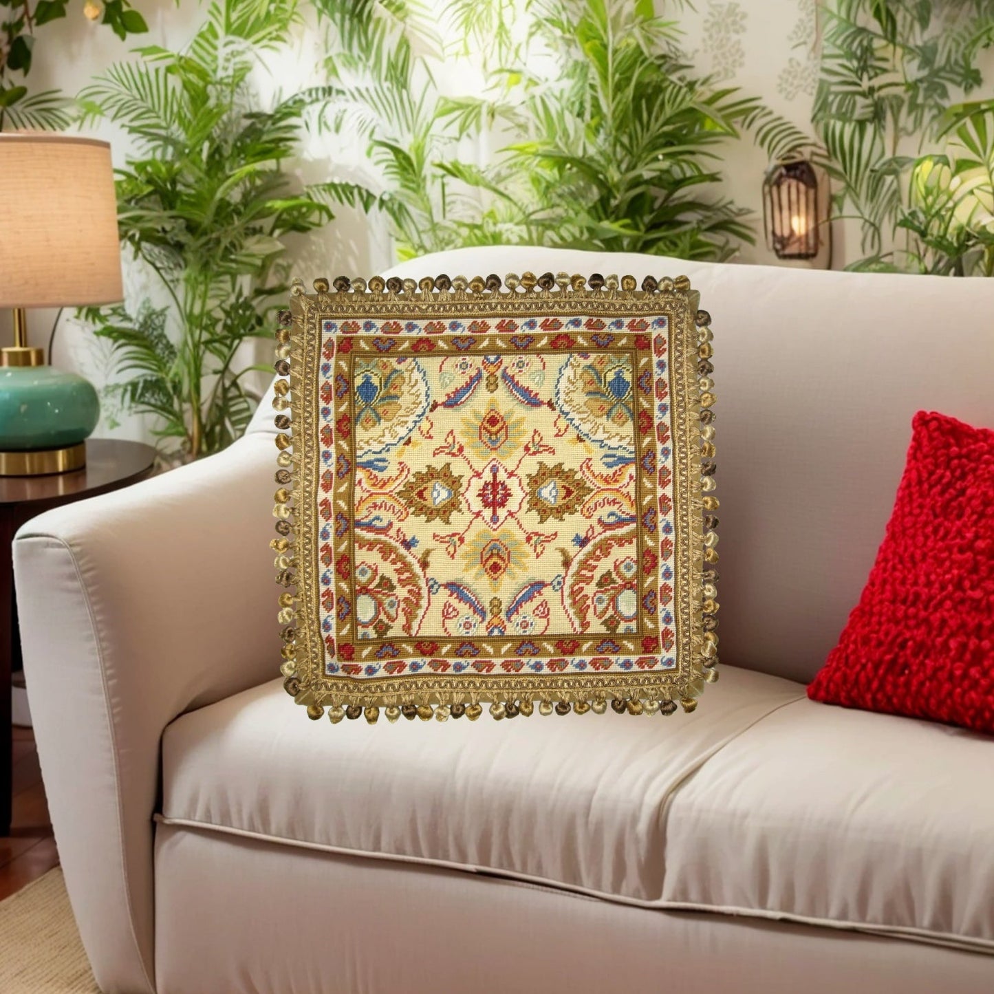 Handmade Wool Needlepoint Pillow Cover - Decorative Throw Cushion Cover - Vintage Floral Embroidery Design Turkisy gold/red with tassels