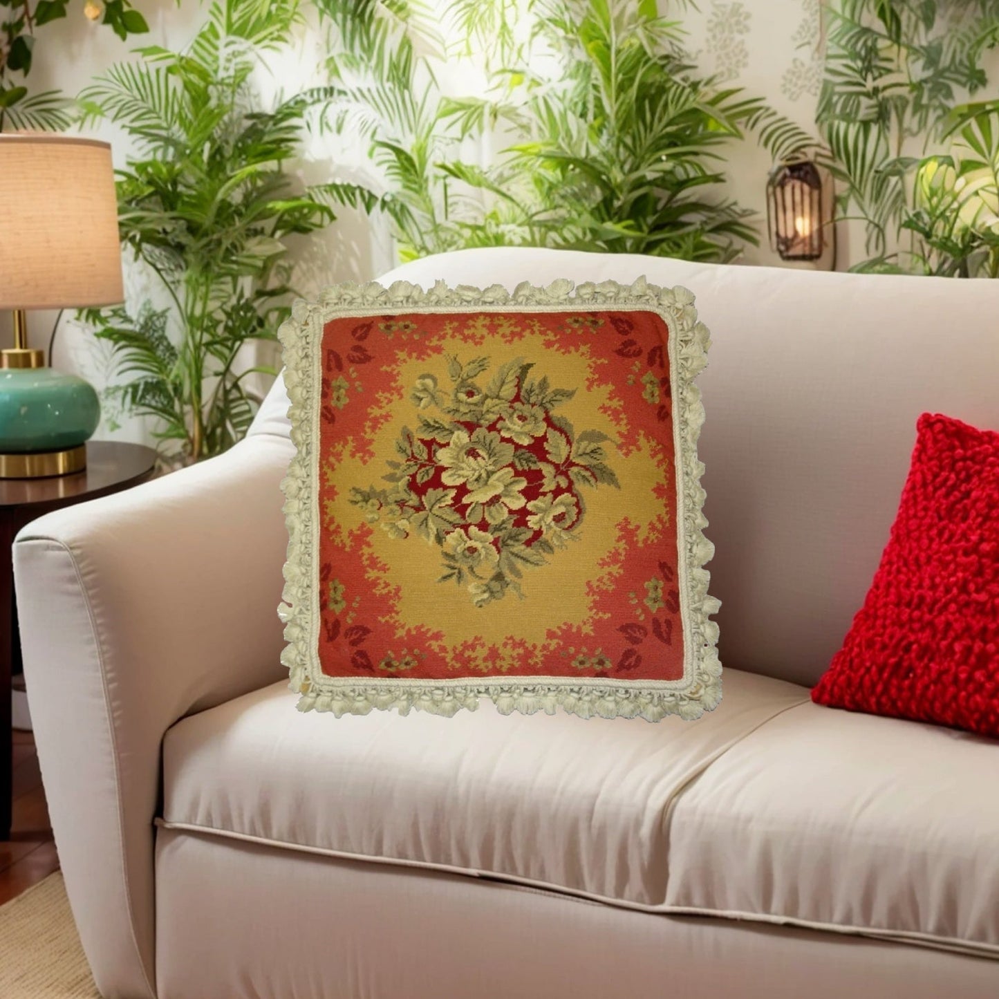 Handmade Wool Needlepoint Pillow Cover - Decorative Throw Cushion Cover - Vintage Floral Embroidery Design All  central floral red frame with nature tassels