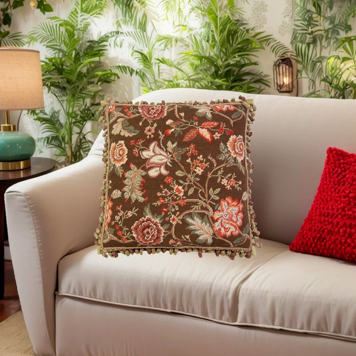 Handmade Wool Needlepoint Pillow Cover - Decorative Throw Cushion Cover - Vintage Floral Embroidery Design tropical floral with 3 color tassel