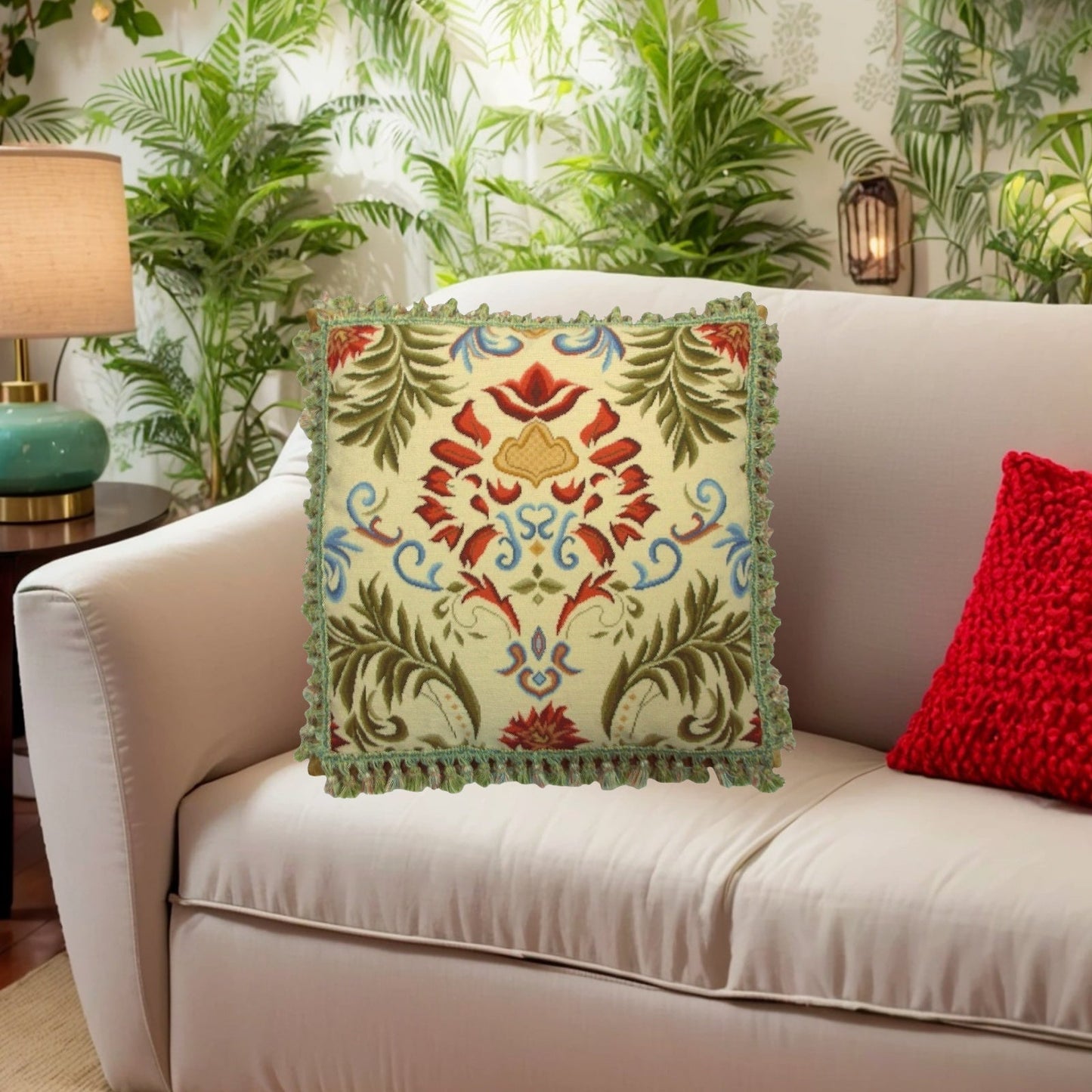 Handmade Wool Needlepoint Pillow Cover - Decorative Throw Cushion Cover - Vintage Floral Embroidery Design  red tulip green leaves with tassels
