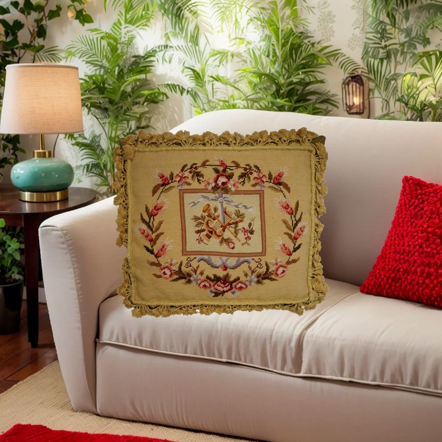 Handmade Wool Needlepoint Pillow Cover - Decorative Throw Cushion Cover - Vintage Floral Embroidery Design  Harp background