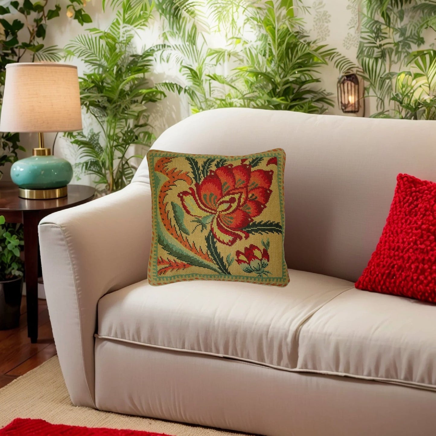 Handmade Wool Needlepoint Pillow Cover - Decorative Throw Cushion Cover - Vintage Floral Embroidery Design flower in shade of rich gold, red, green