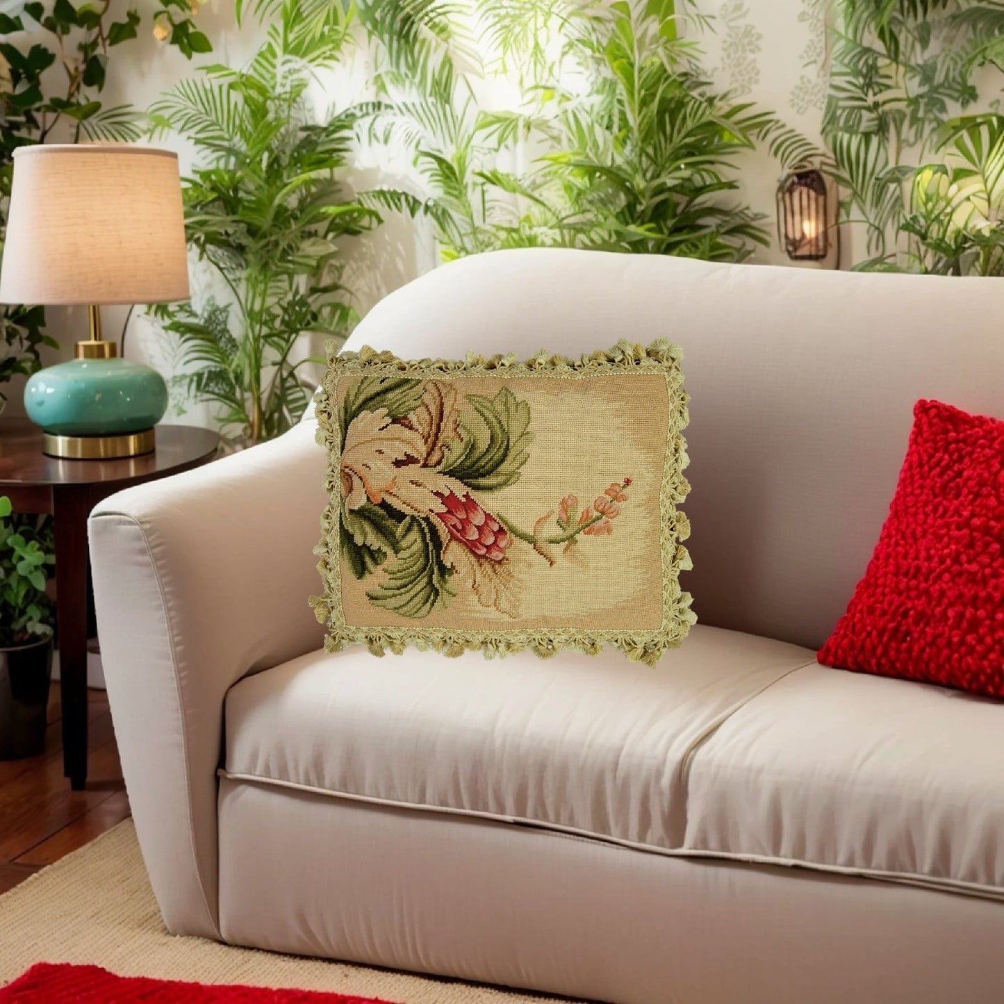 Handmade Wool Needlepoint Pillow Cover - Decorative Throw Cushion Cover - Vintage Floral Embroidery Design Corn blooming side with tassel