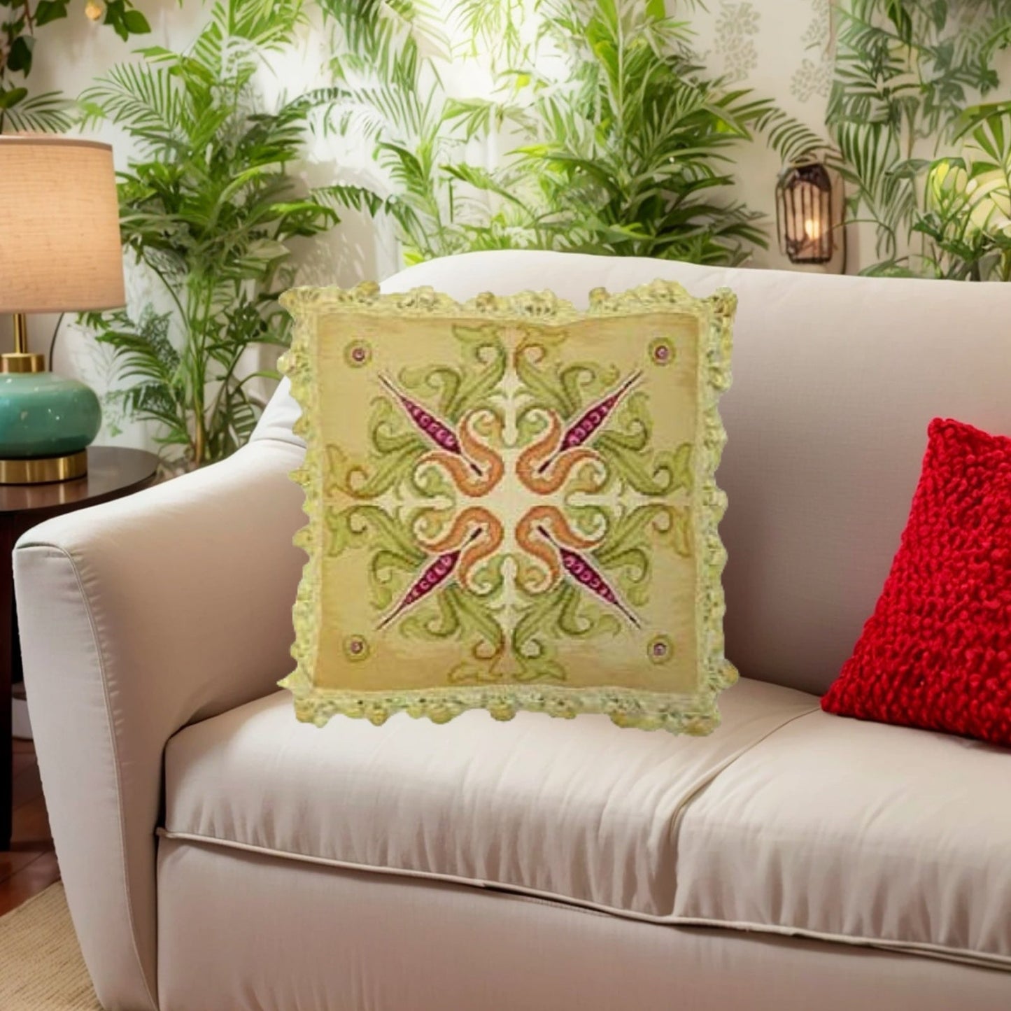 Handmade Wool Needlepoint Pillow Cover - Decorative Throw Cushion Cover - Vintage Floral Embroidery Design Corn blooming 3 with tassels