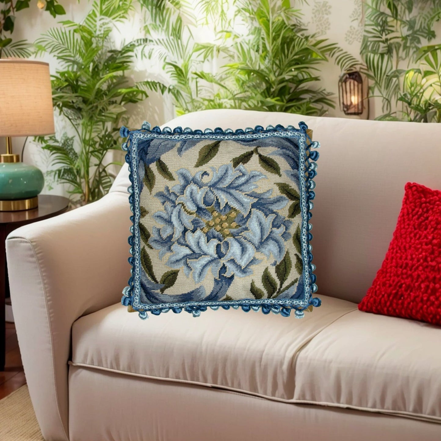 Handmade Wool Needlepoint Pillow Cover - Decorative Throw Cushion Cover - Vintage Floral Embroidery Design William Morris blue Chrysanthemum with 2 color blue tassels