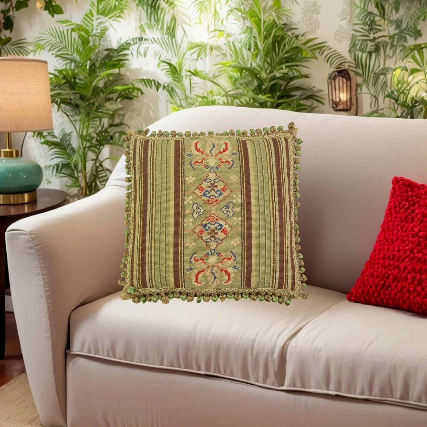 Handmade Wool Needlepoint Pillow Cover - Decorative Throw Cushion Cover - Vintage Floral Embroidery Design green/brown patten with lager patten center with 3 color tassels