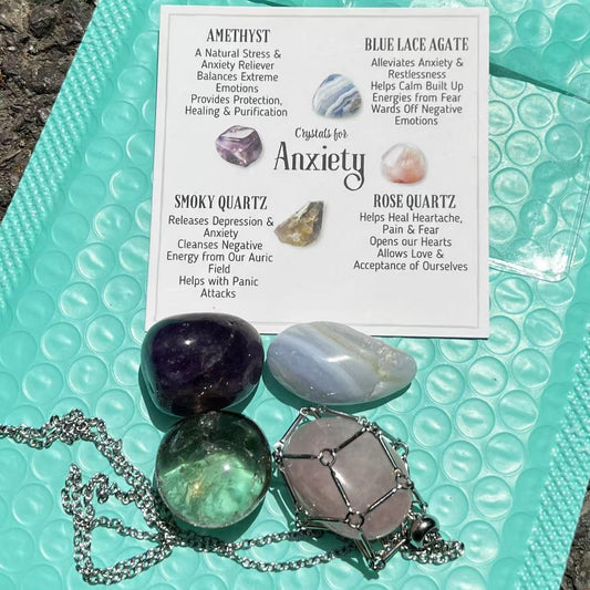 Crystal Healing Set: Tumbled Stones, Cage Necklace, Info Card - Wellness Gift