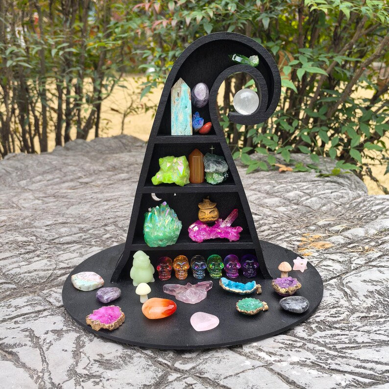 Witch Hat Crystal Shelf – Wooden Witchy Altar Display, Halloween Gothic Decor, Celestial Crystal Storage, Wiccan Ritual Shelf