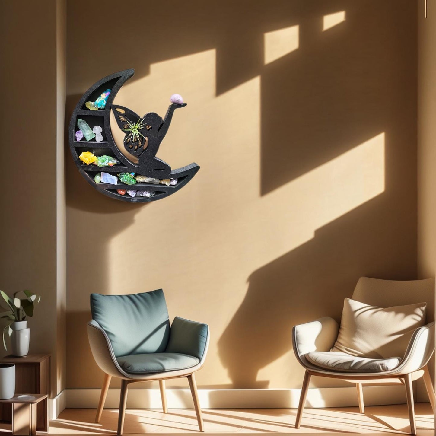 Moon Fairy Crystal Shelf – Wooden Crystal Display Stand with Fairy Design, Chakra Rock Display, Decorative Witchy Room Decor