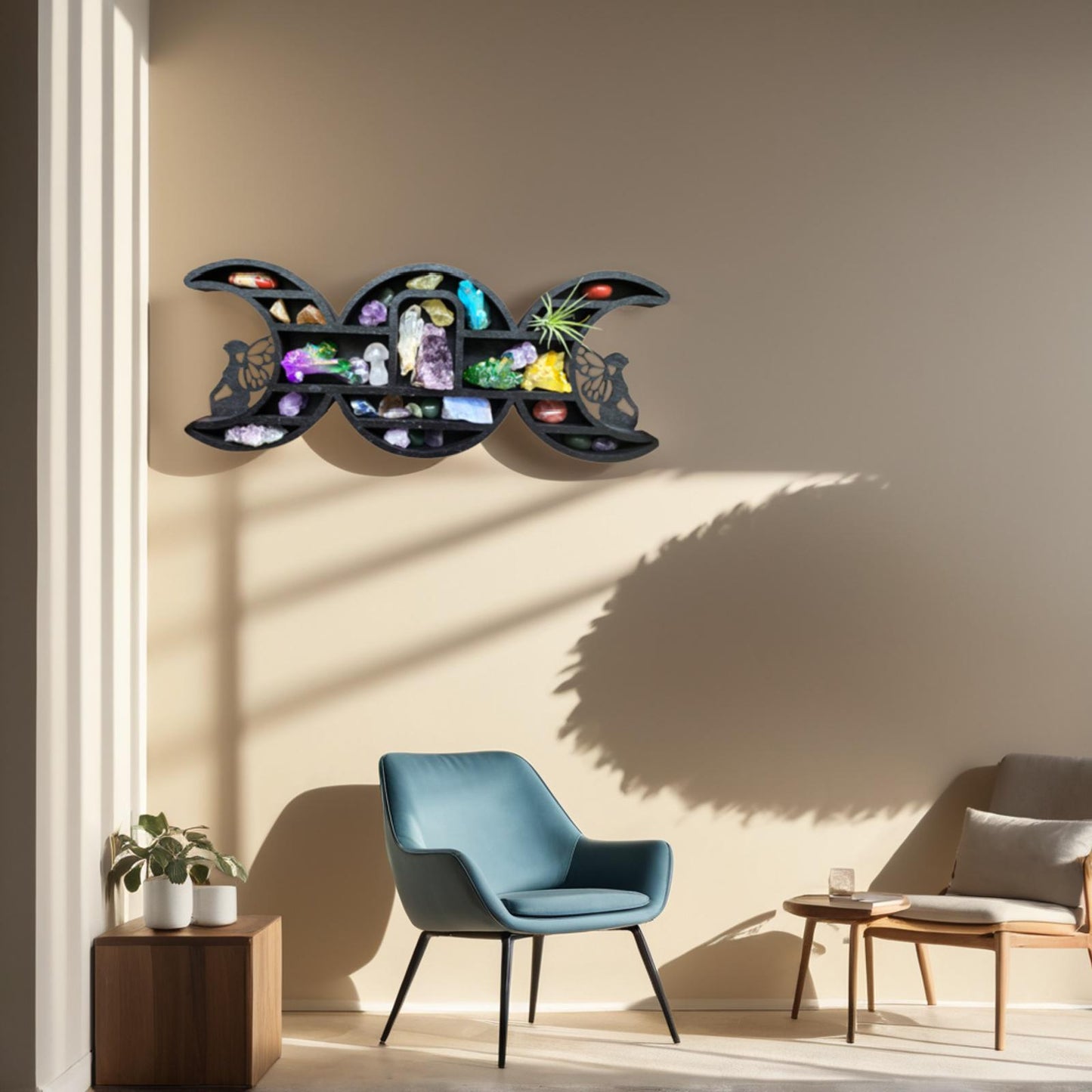 Triple Moon Shelf with Fairy Design - Crystal Display Shelf for Healing Crystals, Moon Decor, Witchy Room Decor, Spiritual Decor, Boho Decor