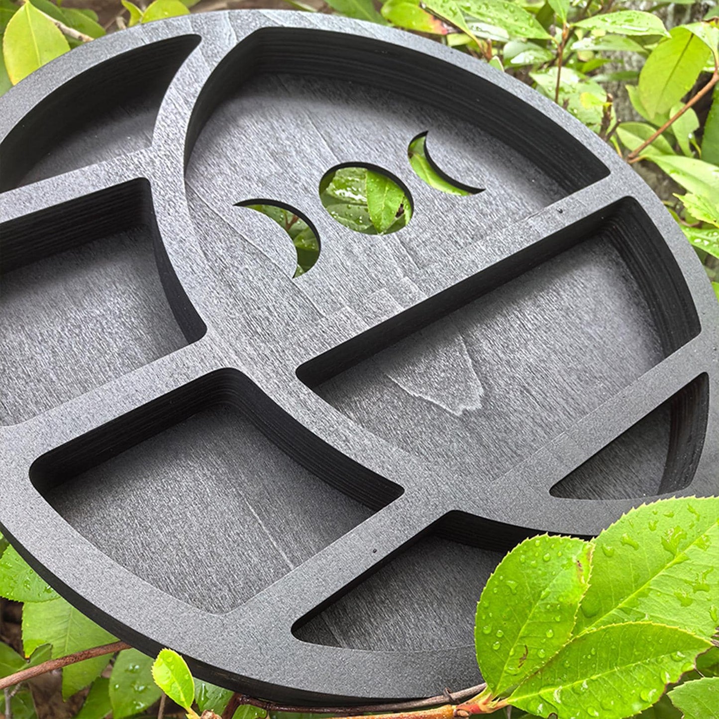 Triple Moon Crystal Shelf – Wooden Celestial Display, Moon Phase Altar Shelf, Witchy Room Decor, Gothic Spiritual Storage, Boho Wall Art