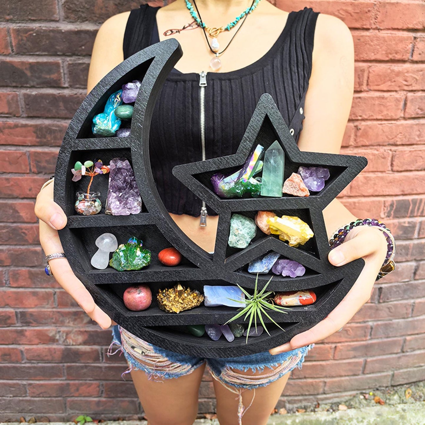 Moon and Star Crystal Shelf – Wooden Celestial Display, Witchy Altar Decor, Boho Astrology Wall Art, Spiritual Crystal Storage