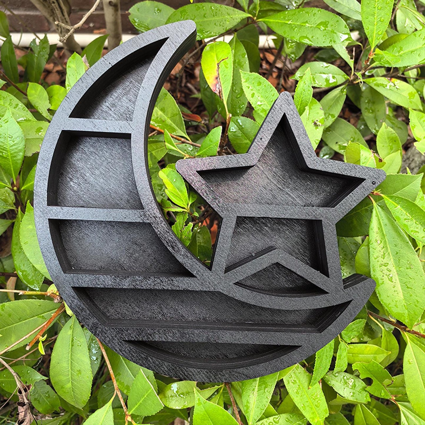 Moon and Star Crystal Shelf – Wooden Celestial Display, Witchy Altar Decor, Boho Astrology Wall Art, Spiritual Crystal Storage