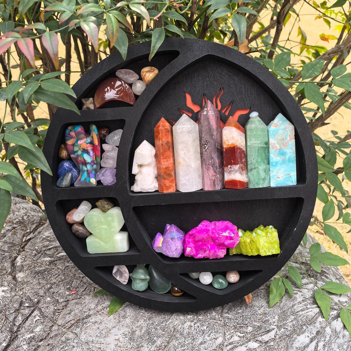 Sun Crystal Shelf – Wooden Sunburst Crystal Display, Boho Celestial Wall Art, Witchy Altar Storage, Spiritual Crystal Holder