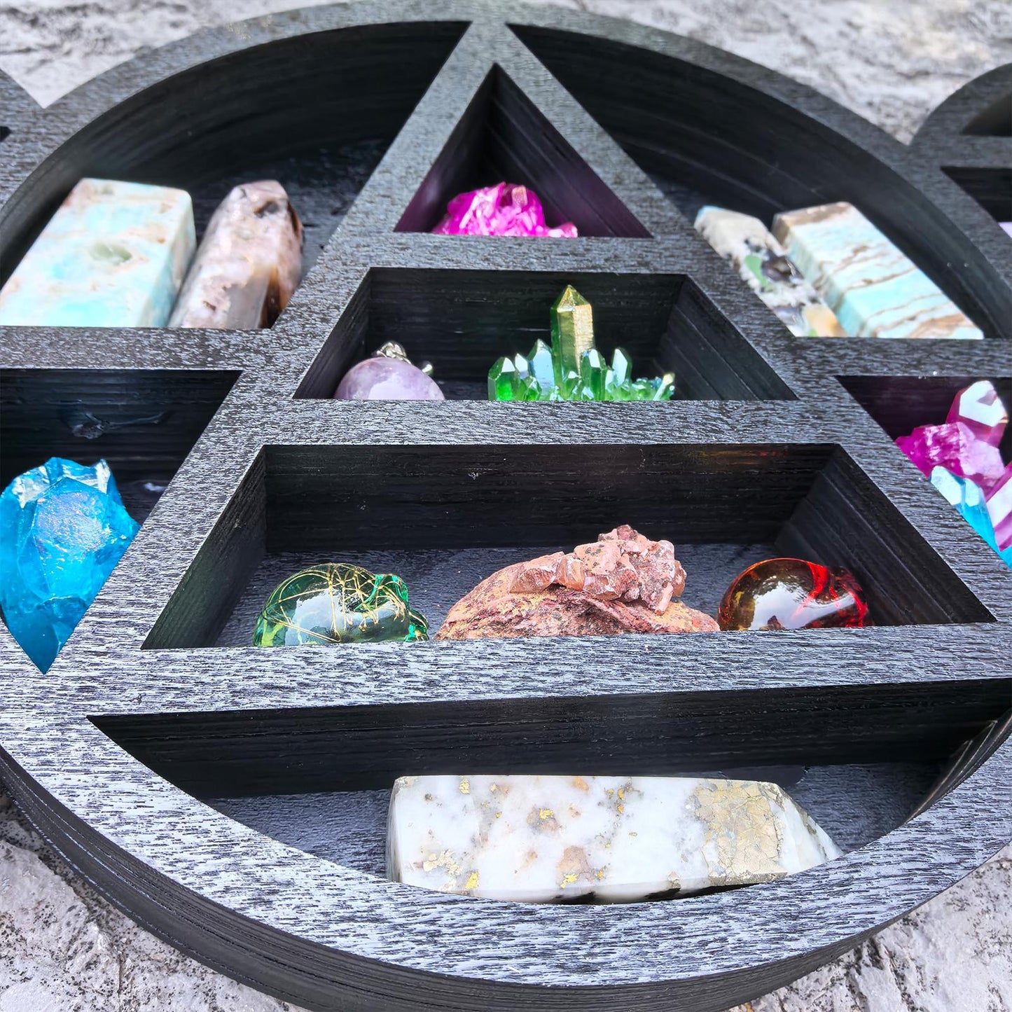 Triple Moon Crystal Shelf – Wooden Witchy Display Shelf, Gothic Altar Decor, Celestial Moon Phase Storage, Spiritual Home Decor