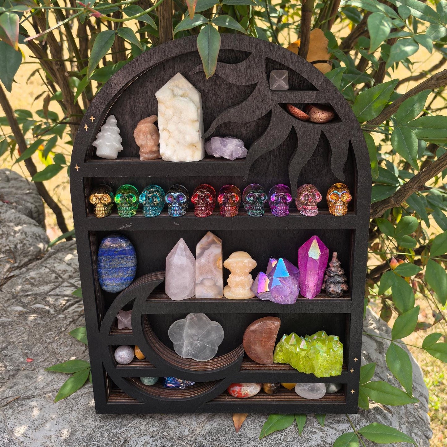Sun & Moon Crystal Shelf – Wooden Celestial Display Shelf, Witchy Altar Decor, Gothic Home Storage, Spiritual Boho Wall Art