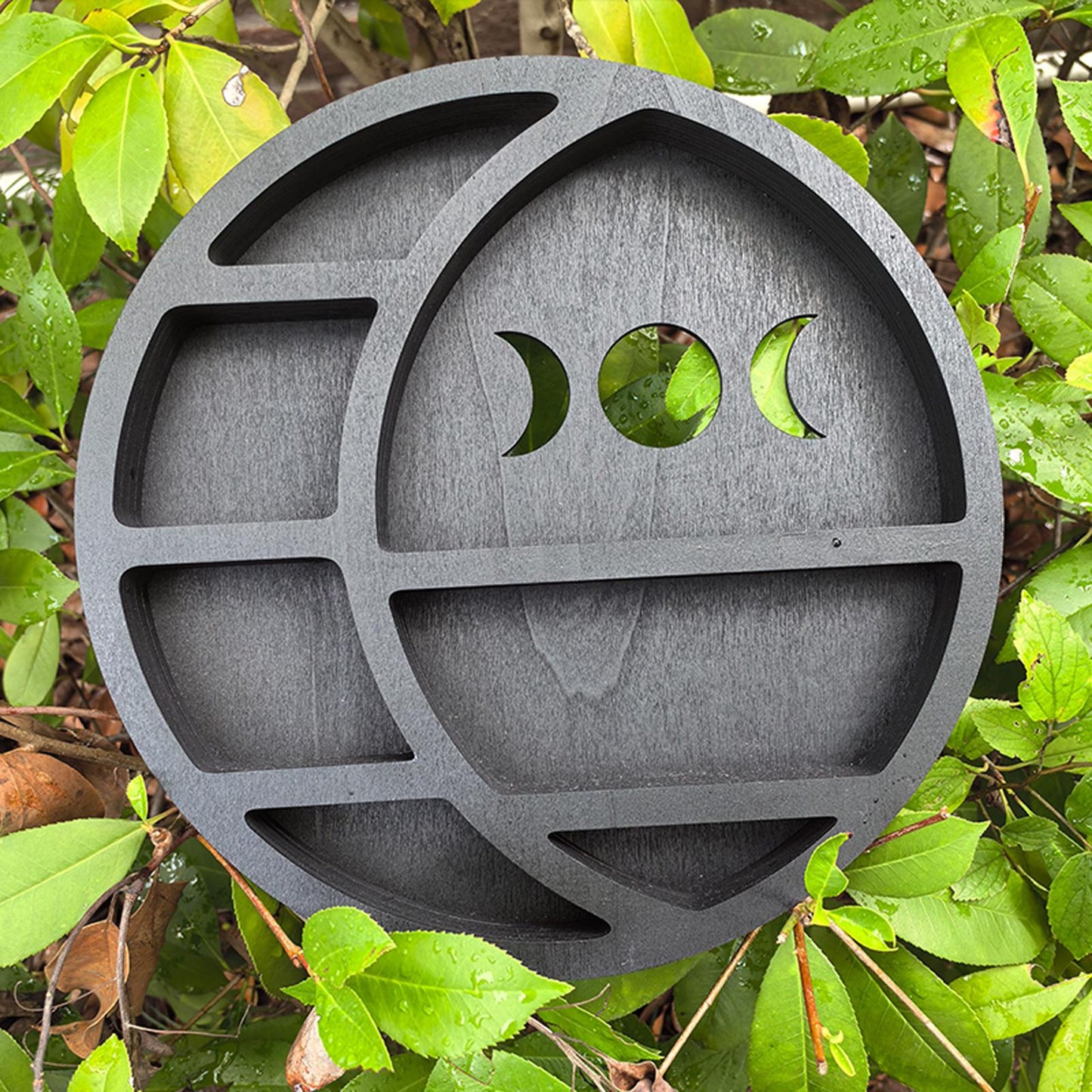 Triple Moon Crystal Shelf – Wooden Celestial Display, Moon Phase Altar Shelf, Witchy Room Decor, Gothic Spiritual Storage, Boho Wall Art