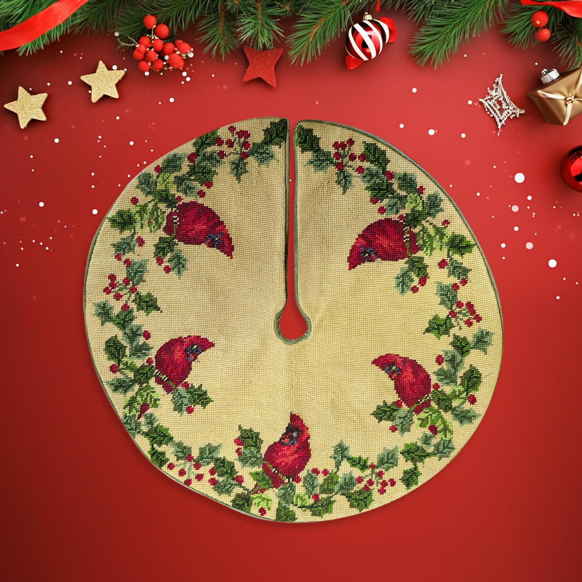 22-Inch 100% Wool Hand-Embroidered Christmas Tree Skirt – Luxury Handmade Holiday Decoration for Rustic, Farmhouse, Classic Christmas Décor